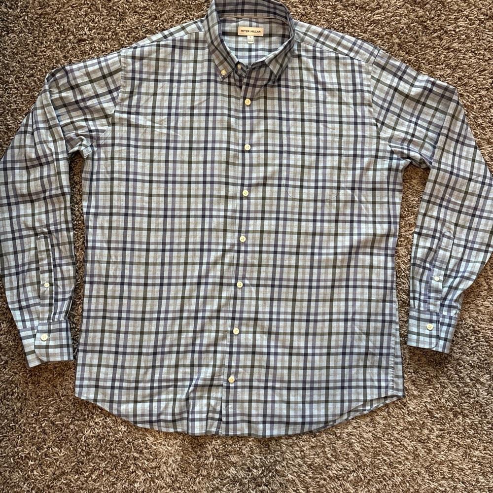 Peter Millar Button Down Blue And Gray Plaid Long… - image 1